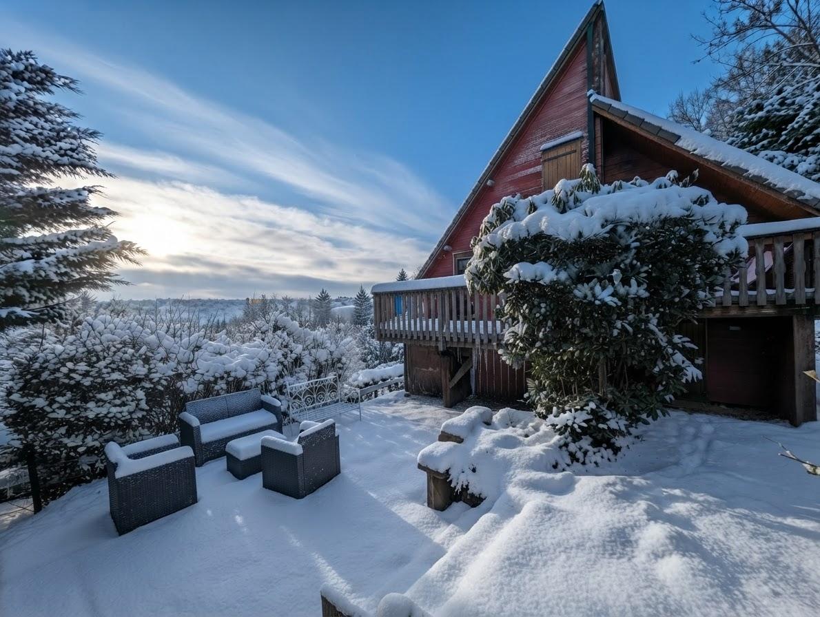 Le chalet rouge sous la neige au lever du soleil, terrasse et salon de jardin enneigés